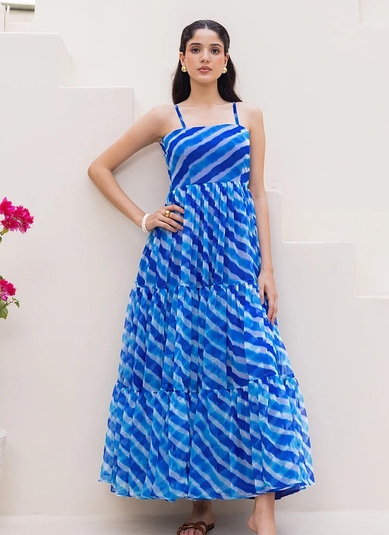 Blue Faux Georgette Digital Print Fit And Flare Dress After Six Wear