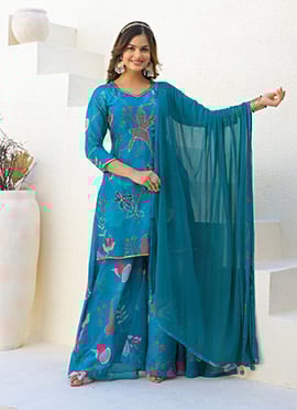 Blue Faux Georgette Digital Print Hand Embroidered Palazzo Suit