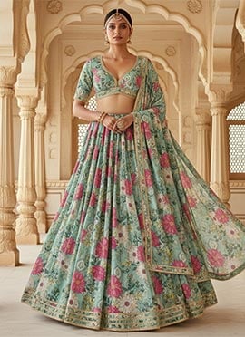 Blue Faux Georgette Digital Print Lehenga Set