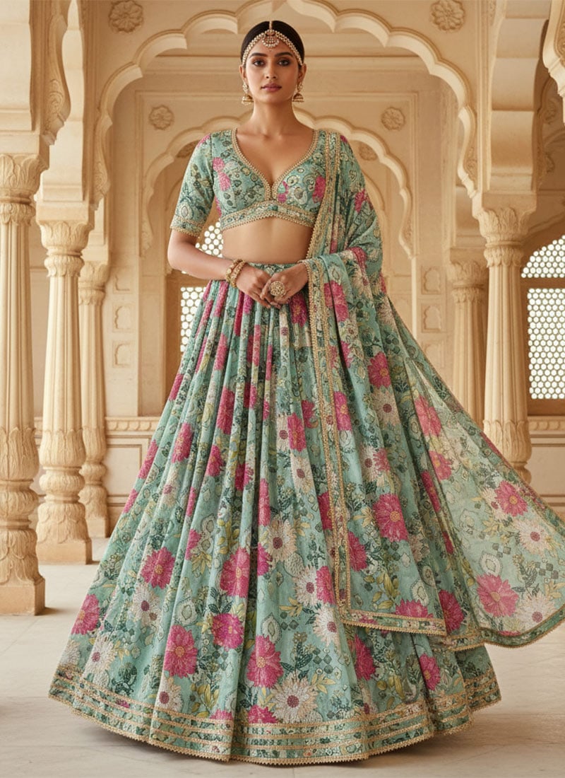 Blue Faux Georgette Digital Print Lehenga Set Wedding Wear