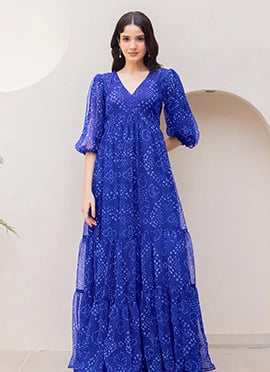 Blue Faux Georgette Digital Print Maxi Dress
