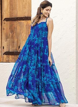 Blue Faux Georgette Digital Print Maxi Dress