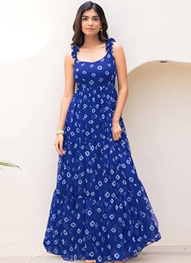 Blue Faux Georgette Digital Print Maxi Dress