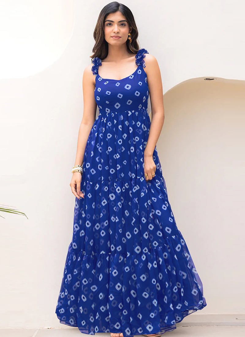 Blue Faux Georgette Digital Print Maxi Dress