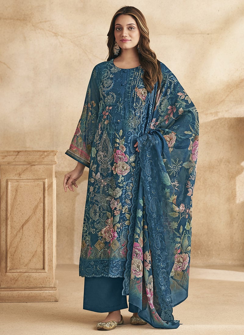 Blue Faux Georgette Digital Print Palazzo Suit After Six Wear