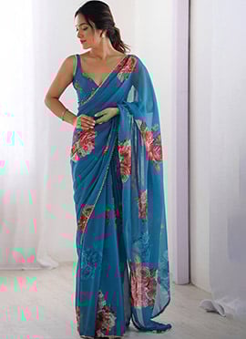 Blue Faux Georgette Digital Print Saree
