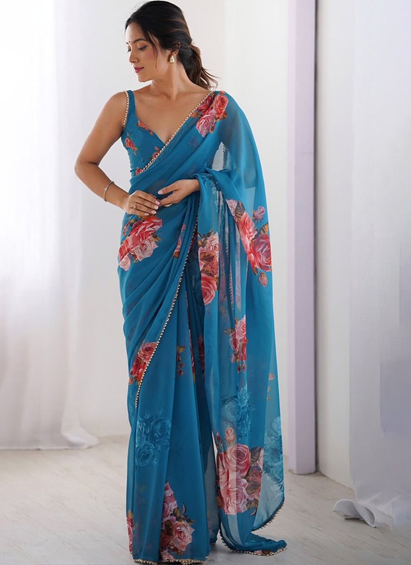 Blue Faux Georgette Digital Print Saree