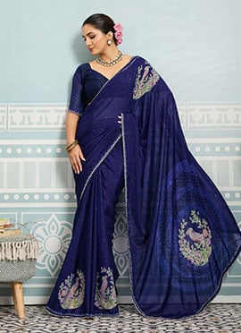 Blue Faux Georgette Digital Print Saree