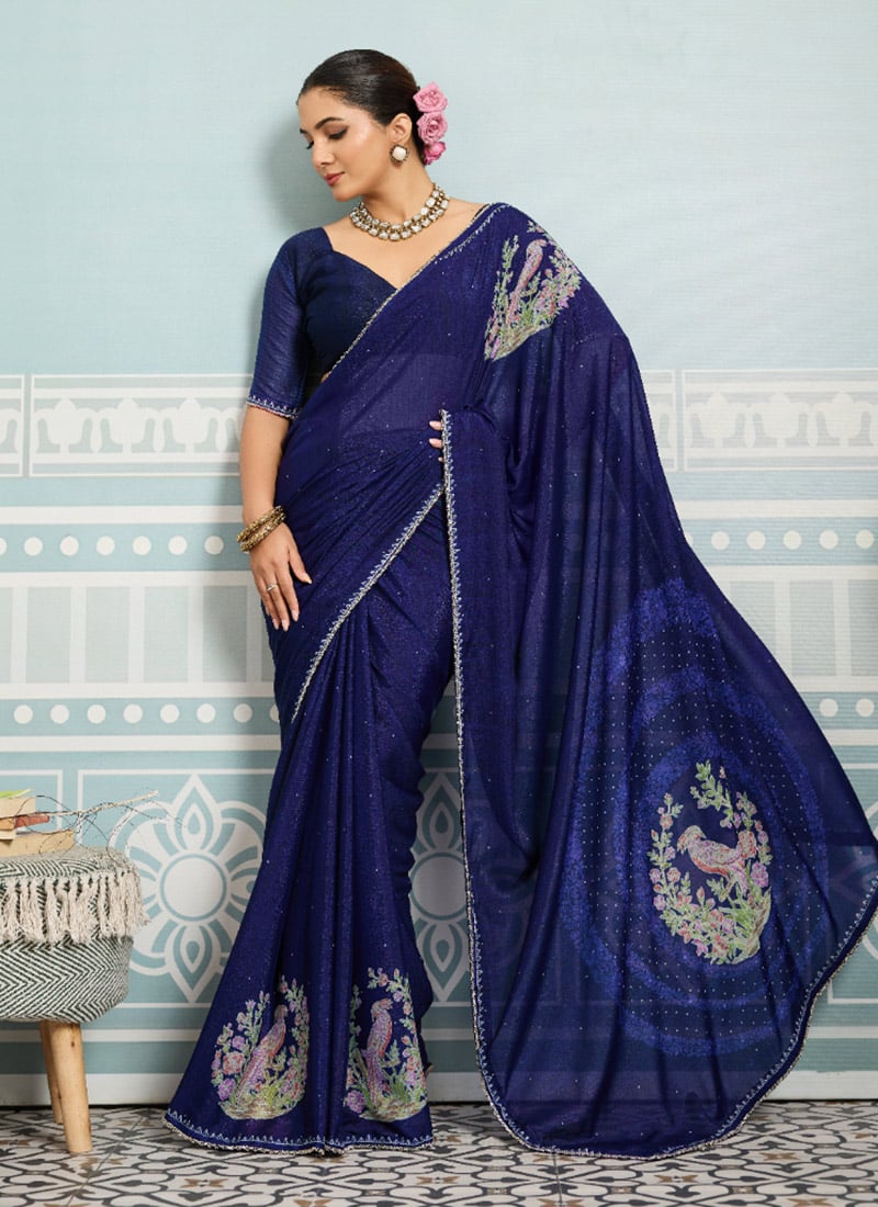 Blue Faux Georgette Digital Print Saree After Six Wear