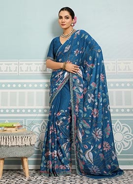 Blue Faux Georgette Digital Print Saree