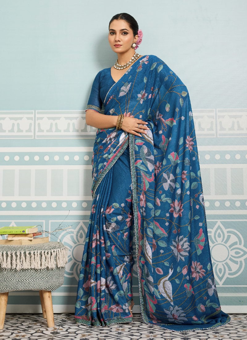 Blue Faux Georgette Digital Print Saree