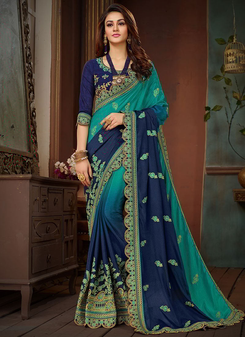 Blue Faux Georgette Embossed With Embroidery For Bhai Duj Saree