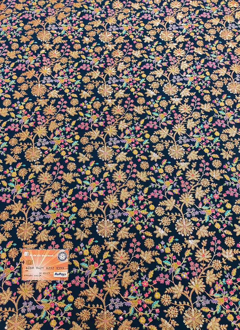 Navy Blue Faux Georgette Embroidered Fabric