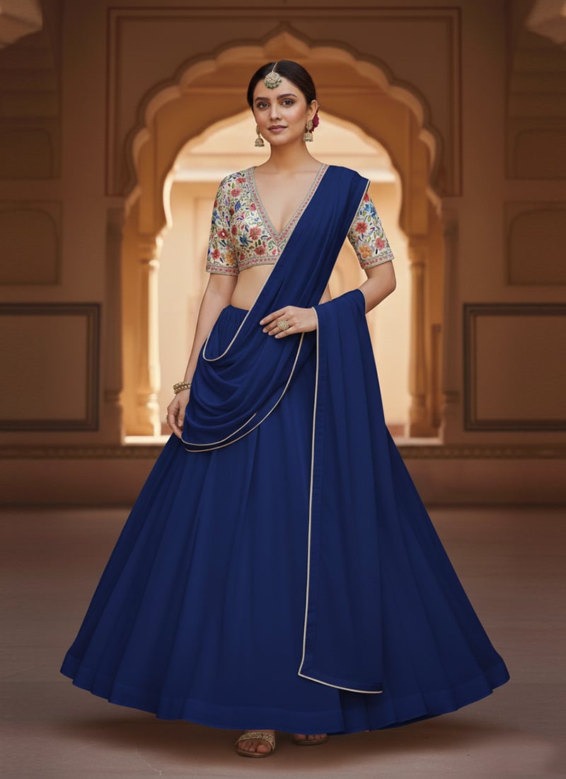 Blue Faux Georgette Embroidered Lehenga Festive Wear