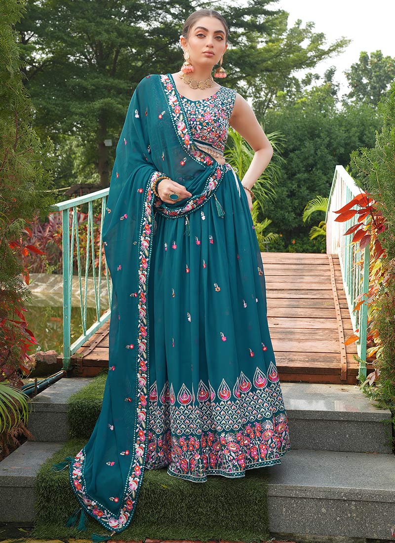 Blue Faux Georgette Embroidered Lehenga For Festive Nights Wedding Wear