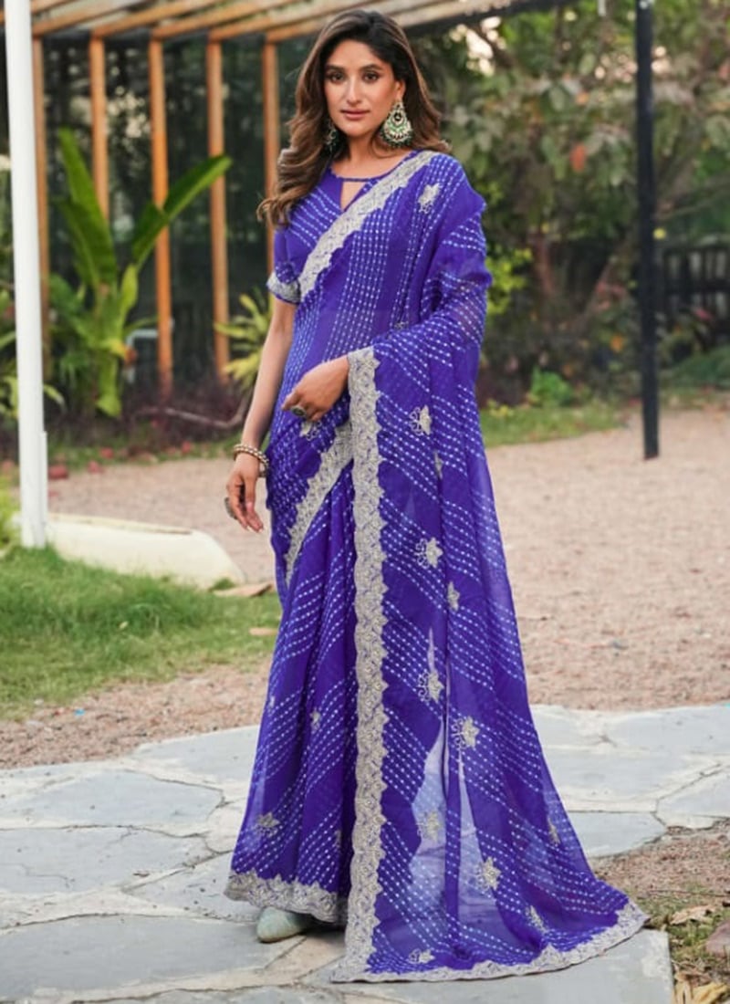 Blue Faux Georgette Embroidered Leheriya Print Saree Festive Wear
