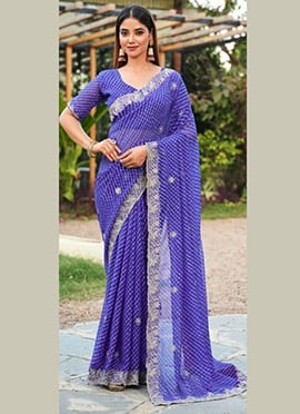 Blue Faux Georgette Embroidered Leheriya Print Saree
