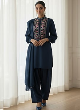 Blue Faux Georgette Embroidered Salwar Suit