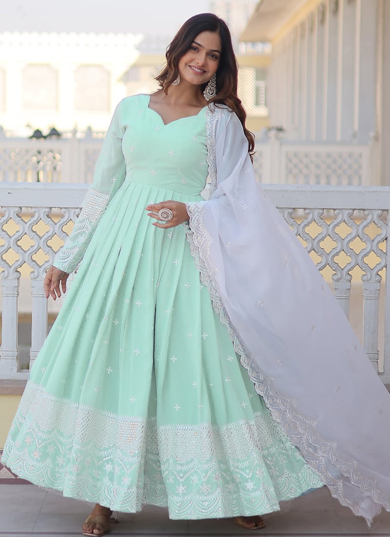 Blue Faux Georgette Embroidered Sequins A Line Anarkali Suit For Elegant Women After Six Wear