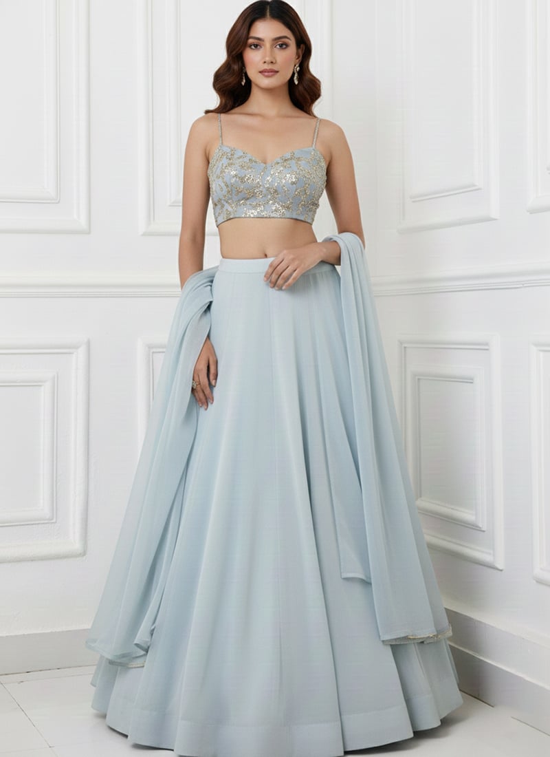 Blue Faux Georgette Embroidered Sequins A Line Lehenga Wedding Wear