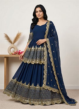 Blue Faux Georgette Embroidered Sequins A Line Lehenga