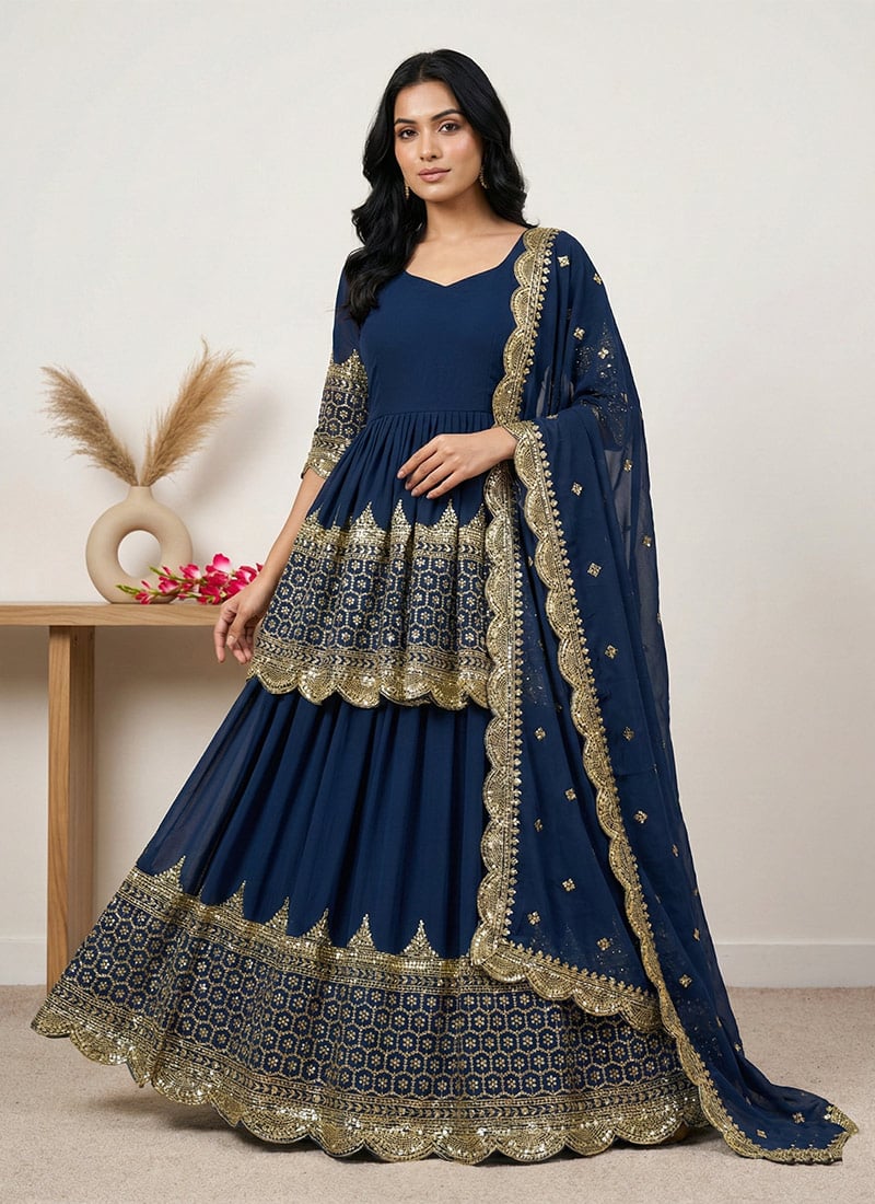 Blue Faux Georgette Embroidered Sequins A Line Lehenga Wedding Wear