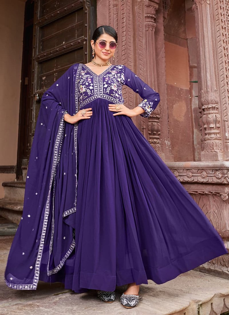 Blue Faux Georgette Embroidered Sequins Anarkali Suit Festive Wear