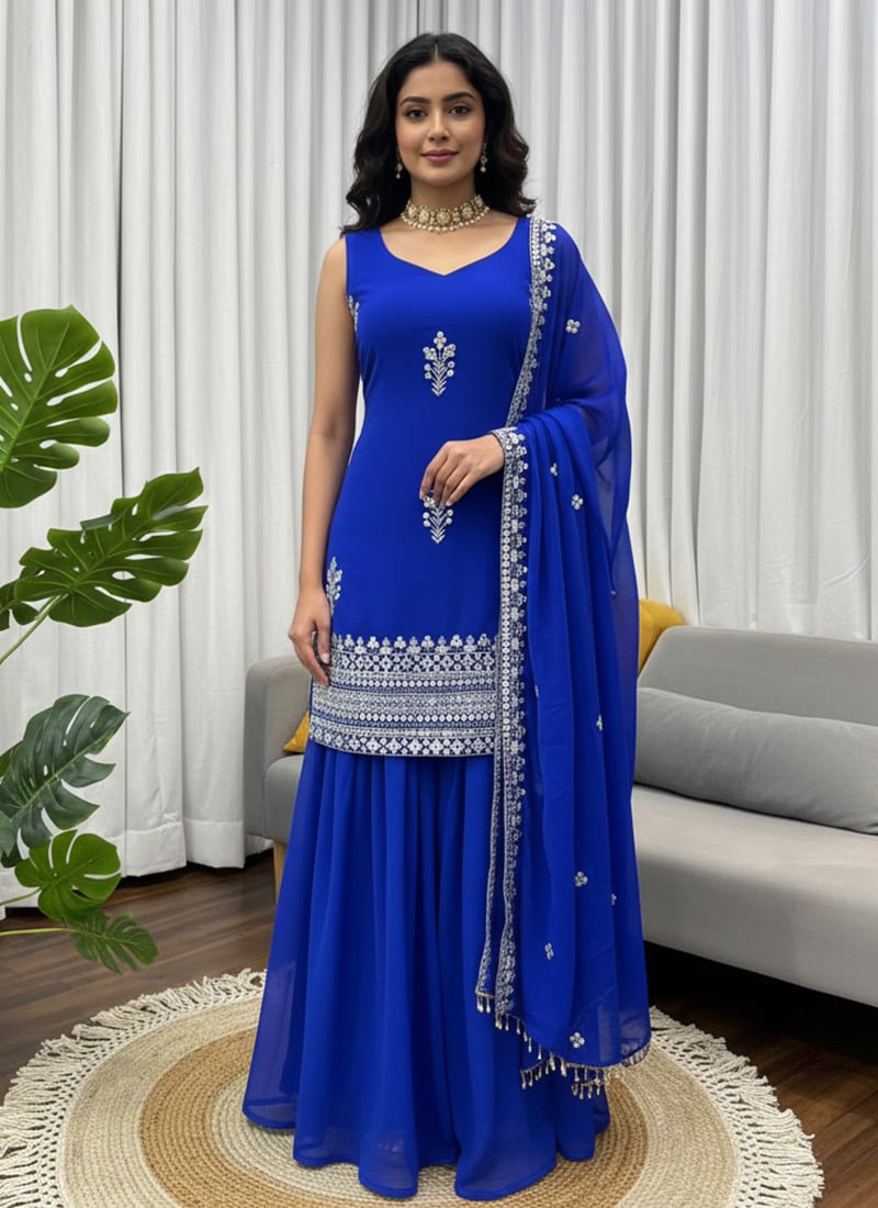 Blue Faux Georgette Embroidered Sequins Palazzo Suit  Festive Wear