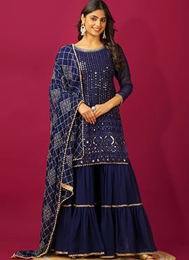 Blue Georgette Embroidered Sequins Sharara Suit