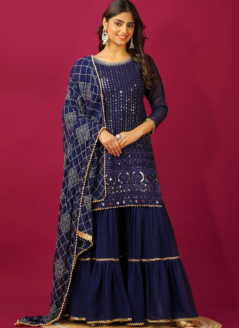 Blue Georgette Embroidered Sequins Sharara Suit Festive Wear