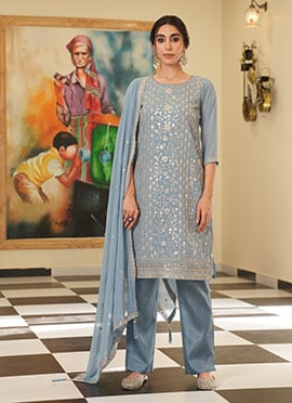 Blue Georgette Embroidered Sequins Straight Pant Suit