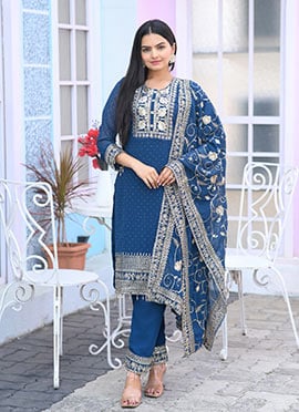 Blue Faux Georgette Embroidered Sequins Straight Pant Suit
