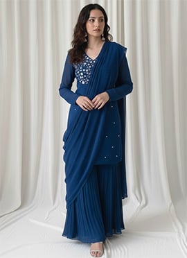 Blue Faux Georgette Foil Mirror Work Sharara Suit
