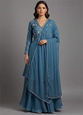 Blue Faux Georgette Foil Print Zari Long Choli Lehenga