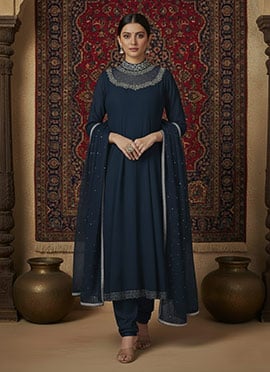 Blue Faux Georgette Hand Embroidered And Sequins Anarkali Suit