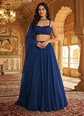 Blue Faux Georgette Hand Embroidered Sequins Classy Lehenga