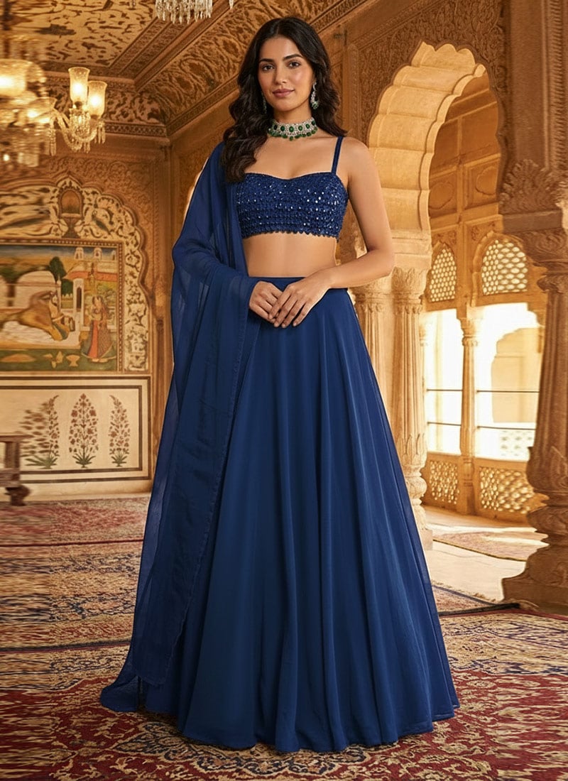 Blue Faux Georgette Hand Embroidered Sequins Classy Lehenga Wedding Wear