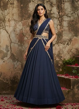 Blue Faux Georgette Hand Embroidered Sequins Lehenga