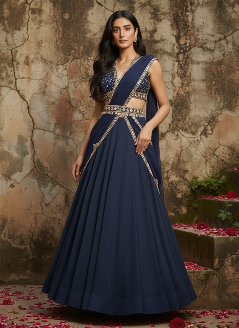 Blue Faux Georgette Hand Embroidered Sequins Lehenga Wedding Wear