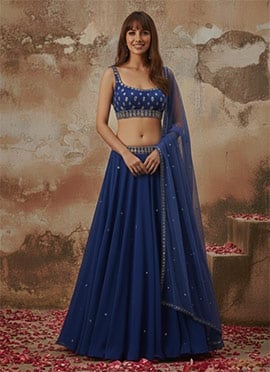 Blue Faux Georgette Hand Embroidered Sequins Lehenga