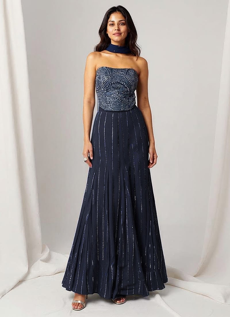Blue Faux Georgette Hand Embroidered Sequins Lehenga