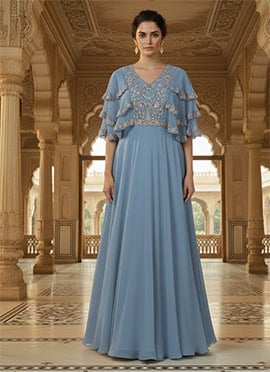 Blue Faux Georgette Hand Embroidered Sequins Stones Anarkali Gown
