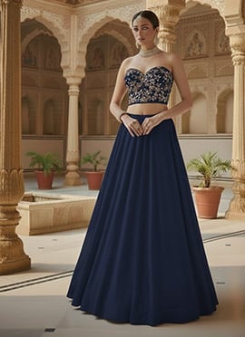 Blue Faux Georgette Hand Embroidered Sequins Stones Lehenga