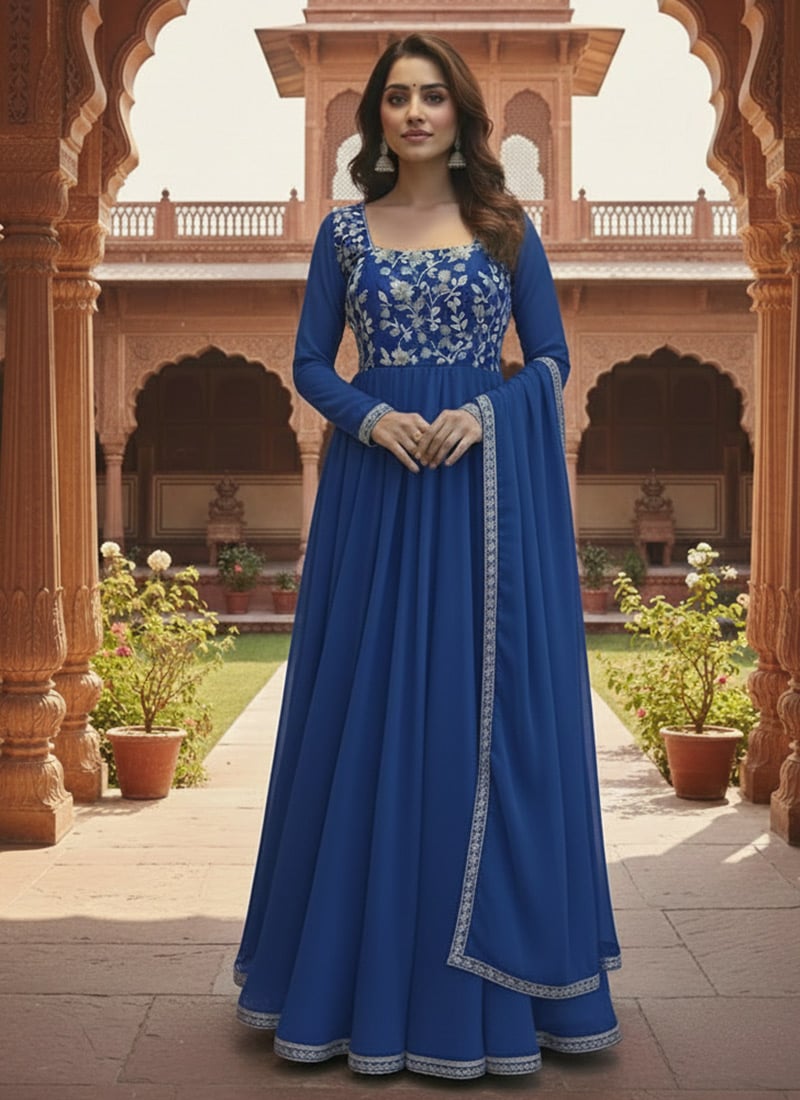 Blue Faux Georgette Hand Embroidered With Beads Work Anarkali Suit Festive Wear