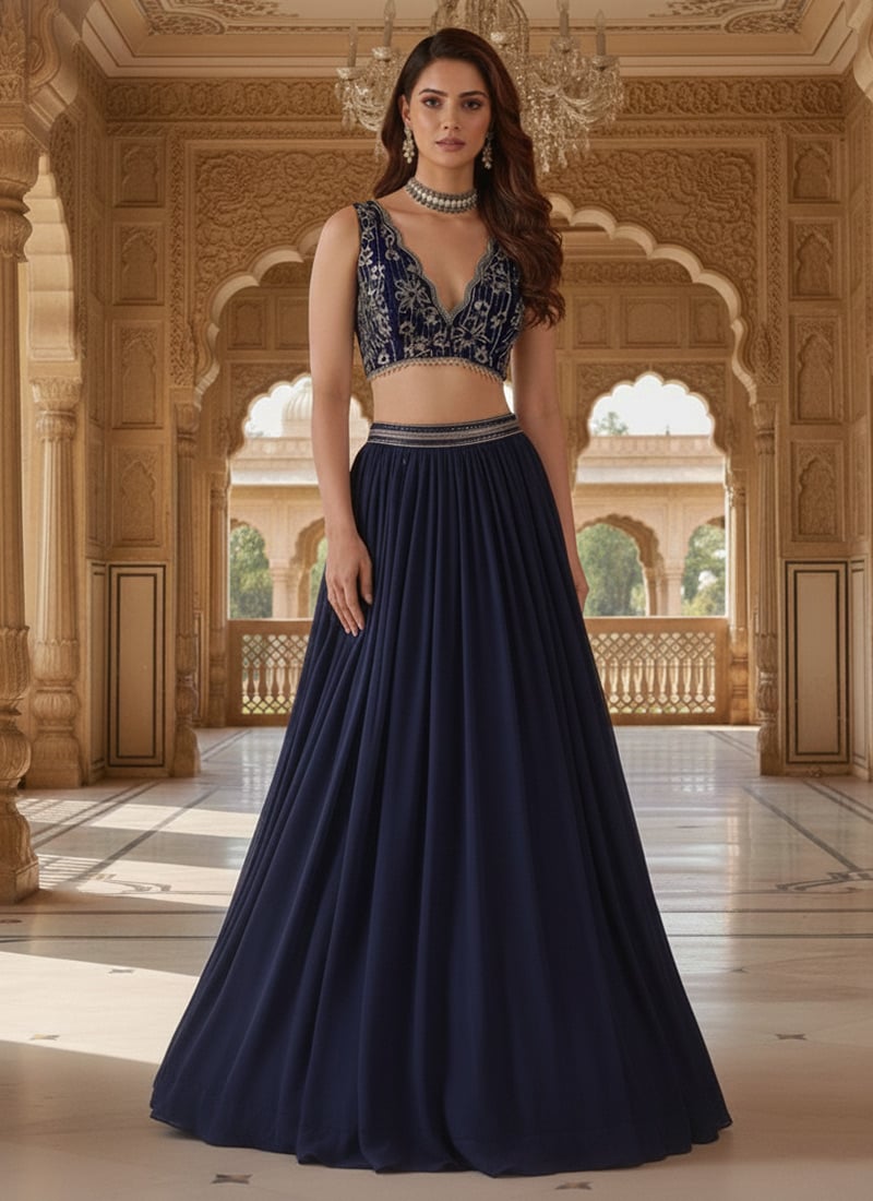 Blue Faux Georgette Hand Embroidered Zari Sequins Lehenga