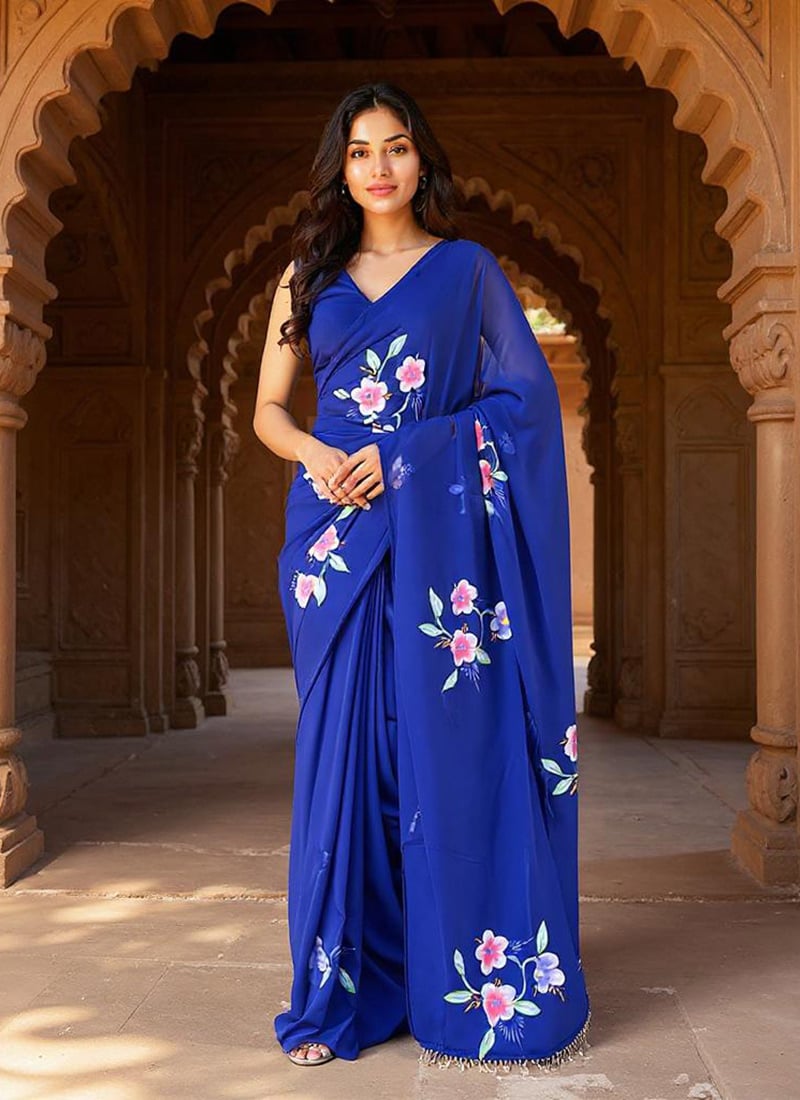 Blue Faux Georgette Hand Painted Saree After Six Wear