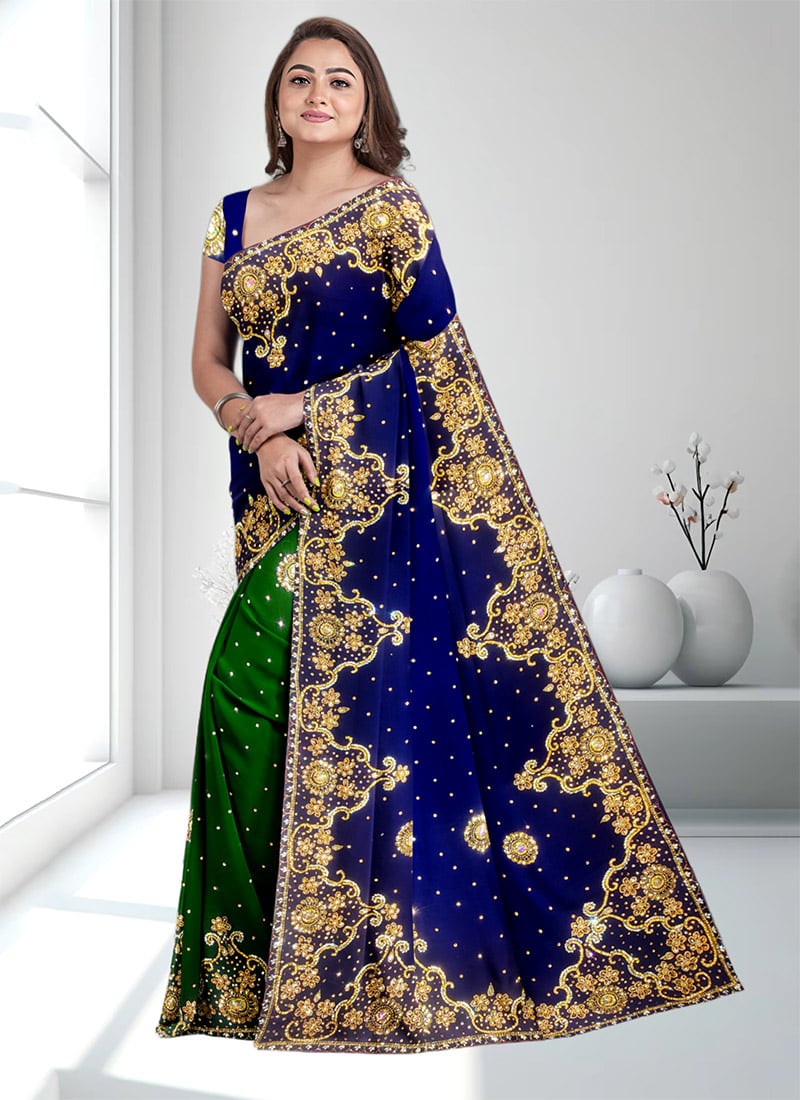 Blue Faux Georgette Hand Work Saree Party Wear