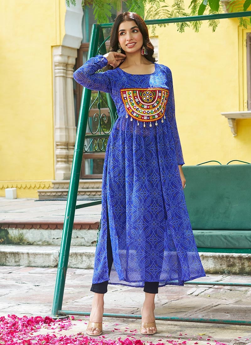 Blue Faux Georgette Kutch And Mirror Work With Bandhini Print Tunic