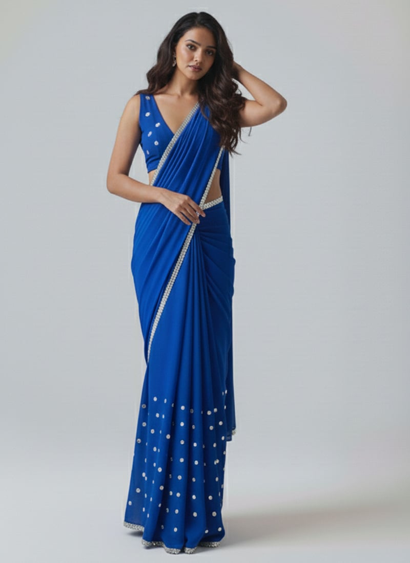 Blue Faux Georgette Lace And Beads Work Saree Festive Wear