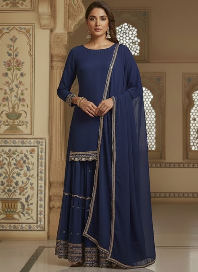 Blue Faux Georgette Lace Work Palazzo Suit Festive Wear